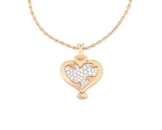 1074
A Debeers "Secrets Of The Rose" Diamond Necklace
18k rose and white gold, stamped: Debeers / A41418 / 750
Suspending a heart-shaped pendant centering a figural bird set with forty-one round diamonds, totaling .82cts and graded F-G color and VS clarity, and a neck chain, with Debeers passport
18" L x 1.25" H
16.2 grams
2 pieces
Estimate: $1,500 - $2,000