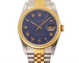 1079
A Rolex Two-Tone Oyster Perpetual Wristwatch
1989
Ref:16233
Dial: navy blue dial, polished gilt Roman numeral hour markers, baton hands, date aperture, signed: Rolex / Oyster Perpetual / DateJust / Superlative Chronometer / Officially Certified / Swiss Made
Movement: 31 jewel automatic movement, quick-set, 48 hour power reserve, Glucydur balance Microstella system, parachrom hairspring, Breguet Overcoil, and KIF shock protection, singed Montres / Rolex S.A. / Geneva / Swiss, Cal: 3135, #5431819
Case/Bracelet: two-tone stainless steel case, gold fluted bezel, gold screw down crown, Ref: 16233, Serial: L912741, interior lid signed: Montress / Rolex S.A. / Geneva / Switzerland / Stainless Steel / 16200, jubilee stainless steel and gold bracelet, singed: Rolex / Steelnox / 03 / 62523 / H 18
7.5" Dia.
102 grams gross
Estimate: $2,000 - $3,000