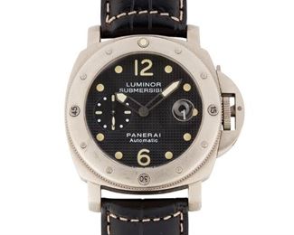 1080
A Panerai Luminor Titanium Wristwatch
Circa late 1990s
Ref: OP 6528
Dial: textured black dial, luminous dot hour and Arabic hour markers, date aperture, sub-seconds, luminous rope baton hands, signed: Luminor Submersible Panerai Automatic
Movement: 21 jewel automatic movement, Cal: 7750 P1, 42 hour power reserve (not examined)
Case: Titanium case with screw down back, directional bezel, locking crown guard, signed: Officine Panerai Firenze 1860 Diver's Professional OP 6528 BB986848 B0273-1500 Titanium 300M; skin strap and Panerai buckle, with box and papers
53 mm x 43 mm x 11 mm excluding crown
106 grams gross
Estimate: $4,000 - $6,000