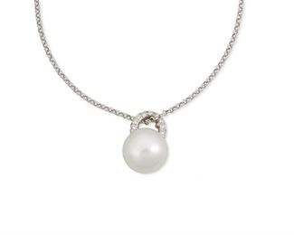1092
A Mikimoto "Milano" Cultured Pearl And Diamond Pendant Necklace
18k white gold, each stamped: M [for Mikimoto] / 750
Suspending a detachable pendant set with a single South Sea cultured pearl measuring 12.2 mm topped with an entirely pave-set diamond bail, with neck chain
16" L x .75" H
6.8 grams
2 pieces
Estimate: $700 - $900