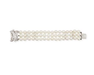 1097
A Triple Strand Cultured Pearl And Diamond Bracelet
14k white gold
Designed as triple strand of cultured pearls, measuring approximately 8.5 mm, with terminals and clasp set with ten baguette and forty-eight single and full-cut round diamonds, totaling approximately 5.25cts and graded G-H color and VS-SI clarity
7" L
60 grams
Estimate: $1,000 - $1,500