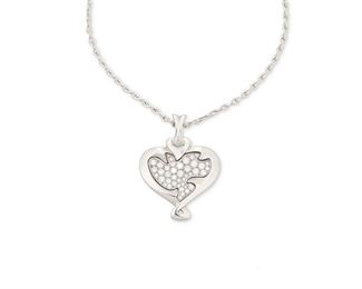 1107
A Debeers "Secrets Of The Rose" Diamond Necklace
18k white gold, stamped: Debeers / A30444 / 750
Suspending a heart-shaped pendant centering a figural bird set with forty-one round diamonds, totaling .82cts and graded F-G color and VS clarity and a neck chain, with Debeers passport
18.5" L x 1.25" H
18 grams
2 pieces
Estimate: $1,500 - $2,000