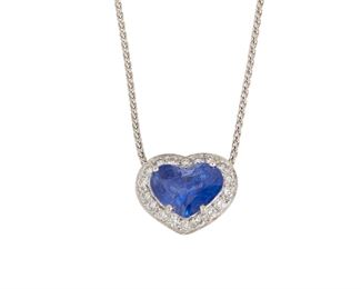 1116
A Sapphire And Diamond Heart Necklace
14k white gold
Centering a heart-shaped sapphire, weighing approximately 4.65cts, surrounded by eighteen full-cut round diamonds, totaling approximately .35ct and graded G-H color and SI clarity, with detachable neck chain
15" L x .5" H
6 grams
2 pieces
Estimate: $5,500 - $6,500