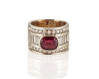1143
A Ruby And Diamond Ring
14k white gold
Centering a cushion-cut ruby, gauged at approximately 2.65cts, and flanked by eight baguette and twenty-two baguette-cut diamonds, totaling approximately 1.5cts and graded H-I color and VS clarity
Ring size: 8.5
17.9 grams
Estimate: $2,500 - $3,500