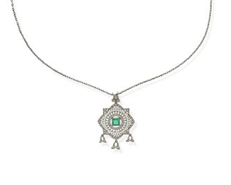 2007
An Emerald And Diamond Pendant Necklace
Platinum
Suspending a detachable quatrefoil pendant centering a square-cut emerald, gauged at approximately .25ct, and surrounded by small round diamond, totaling approximately .5ct and graded F-G color and SI clarity, with neck chain
16" L x 1.25" H
7.9 grams
2 pieces
Estimate: $1,500 - $2,000