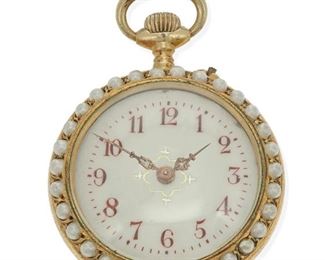 2010
A Gilt-Silver And Enameled Pocket Watch
Dial: circular white porcelain dial, mauve Arabic hour markers, gilt highlights
Movement: jeweled bar movement in gilt-metal finish, stem wind & pin set
Case: German gilt .800 silver open face case, hallmarked .800, W&C, bezel and rear lid set with seed pearls, enameled portrait of a young lady to rear lid.
30 mm Dia.
23.2 grams
Estimate: $200 - $300