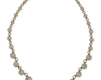 2013
A Moonstone Necklace
14k yellow gold
Designed as a graduated line of round cabochon moonstone measuring 3.5 mm - 12.5 mm
16" L
27.8 grams
Estimate: $1,800 - $2,500