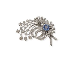 2023
A Sapphire And Diamond Spray Brooch
Circa 1950, platinum
Set with a round sapphire, gauged at approximately 2cts, and further set with eight marquise, twenty-two baguette, and fifty single and full-cut diamonds, totaling approximately 3cts and graded G-H color and VS clarity
1.75" L x 1.5" W
20.9 grams
Estimate: $1,500 - $2,000
