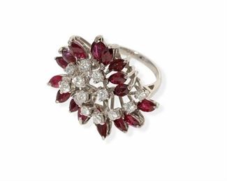 2024
A Ruby And Diamond Freeform Ring
14k white gold
Topped with seventeen marquise-cut rubies, totaling approximately 3.5cts, and thirteen full-cut round diamonds, totaling approximately .65ct and graded G-H color and SI clarity
Ring size: 5.5
6.2 grams
Estimate: $600 - $800