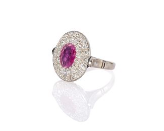 2027
A Ruby And Diamond Ring
14k white gold
Centering an oval-cut ruby, gauged at approximately 1ct, and surrounded by forty single-cut round diamonds, totaling approximately .45ct and graded H-I color and SI-I clarity
Ring size: 5.5
4.4 grams
Estimate: $1,000 - $1,500