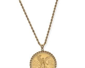 2030
A Gold Coin Necklace
14k yellow gold
Suspending a detachable 1947 Mexican 50 Pesos gold coin within a 14k yellow gold frame, with rope neck chain
20" L X 2" H
61.3 grams gross
2 pieces
Estimate: $2,500 - $3,500