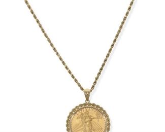 2031
A Gold Coin Necklace
14k yellow gold
Suspending a detachable pendant set with a US $20 gold coin within a 14k frame, with neck chain
16" L 1.6" H
29.3 grams
2 pieces
Estimate: $1,200 - $1,800