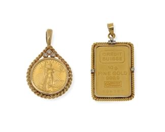 2032
Two Gold Coin And Diamond Pendants
14k yellow gold
Comprising a Credit Suisse 10g Fine Gold 999.9 ingot within a rope frame set with small round diamonds (1.5" L x .75" W), and a US$5 1/10 oz Fine Gold coin within a rope frame set with small round diamonds (1.25" L x .85" W)
18.4 grams
2 pieces
Estimate: $800 - $1,200