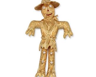 2034
A Gem-Set Scarecrow Brooch
18k yellow gold, stamped: PM
Designed as a scarecrow with articulated legs enhanced with red enamel and small round diamonds
2" L x 1.1" W
14.5 grams
Estimate: $1,000 - $1,500