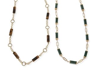 2035
Two Gold And Gemstone Chain Necklaces
14k yellow gold
Comprising a long necklace with barrel-shaped tiger's-eye beads, measuring 20 mm x 8mm, interspersed with rope work circular links (30" L) and a long necklace of rectangular bar-shaped malachite beads interspersed with openwork gold barrel links (26" L)
108 grams gross
2 pieces
Estimate: $2,000 - $3,000