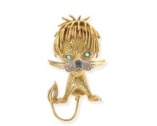 2040
A Gem-Set Whimsical Lion Cub Brooch
18k yellow gold
Set with round emerald eyes, a pave diamond snout, and a cabochon sapphire nose
2" H x .9" W
17.5 grams
Estimate: $1,000 - $1,500