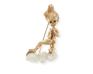 2042
A Marvin Hime Fresh-Water Pearl Cherub Brooch
14k yellow gold, stamped: M. Hime / Cyrva / 14k / (c)
Designed as a clapping cherub figure with two round sapphire eyes perched on a cloud of three fresh-water pearls
2" L x 1" W
18.7 grams
Estimate: $600 - $800