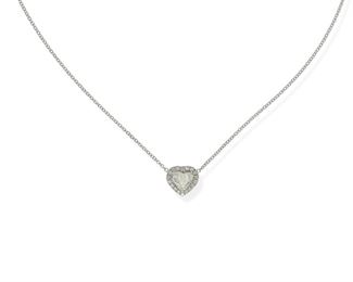 2078
A Diamond Heart Pendant Necklace
18k white gold
Centering a heart-shaped diamond, weighing 1.25cts and graded J-K color and I1 clarity, surrounded by small diamonds, totaling .15ct
17" L
4.75 grams
Estimate: $1,000 - $1,500