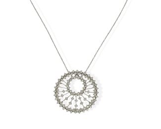 2080
A Diamond Pendant Necklace
14k white gold
Suspending a round pendant set with one hundred full-cut round diamonds, totaling 3.56cts and graded F-G color and SI clarity with detachable neck chain
16" L x 1.5" H
10. 4 grams
2 pieces
Estimate: $1,000 - $1,500