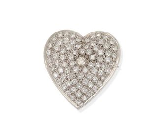 2081
A Diamond Heart Pendant/Brooch
14k white gold
Topped with full-cut round diamonds, totaling approximately 7.5cts and graded H-I color and VS clarity
1.5" L x 1.25" W
13 grams
Estimate: $2,500 - $3,500