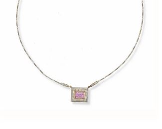 2084
A Pink Sapphire And Diamond Necklace
14k white gold
Suspending a rectangular pendant set with a rectangular-cut pink sapphire, gauged at approximately 3ct, surrounded by eighteen baguette-cut diamonds, totaling approximately 1ct and graded G-H color and VS clarity
17" L x .5" H
8.4 grams
Estimate: $800 - $1,200