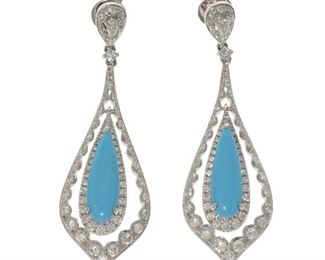 2086
A Pair Of Turquoise And Diamond Ear Pendants
18k white gold
Each set with tear-drop turquoise and further set with two pear and one hundred thirty-four full-cut round diamonds, totaling approximately 1.4cts and graded G-H color and SI clarity
1.75" L
8.5 grams
2 pieces
Estimate: $1,500 - $2,000
