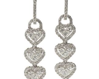 2089
A Pair Of Diamond Heart Earrings
18k white gold
Set with eighteen princess-cut diamonds and one hundred forty-eight full-cut round diamonds, totaling approximately 2.3cts and graded G-H color and VS clarity
1.5" L
6.6 grams
2 pieces
Estimate: $2,000 - $3,000