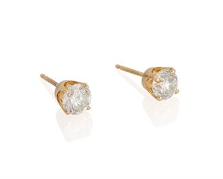 2099
A Pair Of Diamond Stud Earrings
14k yellow gold
Set with two full-cut round diamonds, totaling approximately .8ct and graded H-I color and I clarity
1.1 grams
2 pieces
Estimate: $1,000 - $1,500
