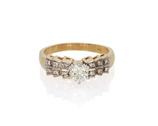 2100
A Diamond Ring
14k yellow gold
Centering a full-cut round diamond, gauged at approximately .5ct and graded light brownish yellow color and VS clarity, flanked by twelve small round diamonds
Ring size: 10.25
4.5 grams
Estimate: $800 - $1,200