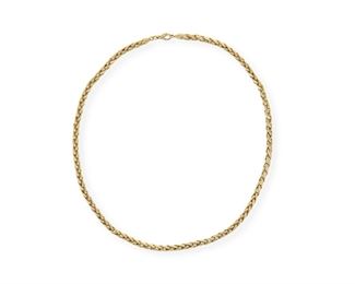 2101
A Gold Link Necklace
18k yellow gold
Designed with fancy woven links
20" L
32 grams
Estimate: $1,200 - $1,800