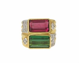 2102
A Tourmaline And Diamond Ring
18k yellow gold
Set with a rectangular-cut green tourmaline and a pink tourmaline, each gauged at approximately 3.5cts, and further set with two square and sixteen full-cut round diamonds, totaling approximately .25ct
Ring size: 6.5
12.8 grams
Estimate: $1,500 - $2,000