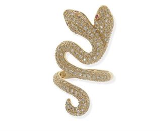 2104
A Diamond Doubled Headed Snake Ring
18k yellow gold
Pave-set with round diamonds, totaling 1.96cts and graded I-J color and SI clarity, with two round ruby eyes
Ring size: 8.5; 1.5" L
11.5 grams
Estimate: $1,500 - $2,000