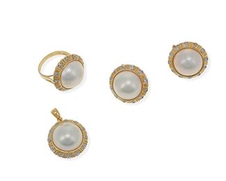 2107
A Set Of Mabe Pearl And Diamond Jewelry
14k yellow gold
Comprising a pendant, ring, and a pair of post and clip-back earrings set with mabe pearls and forty-eight single-cut diamonds, totaling approximately .25ct
Ring size: 6; Earrings: .75" W
17 mm
4 pieces
Estimate: $400 - $600