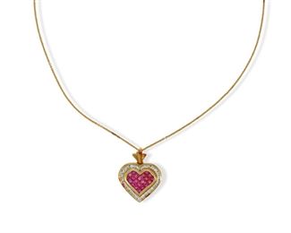 2116
A Ruby And Diamond Heart Necklace
14k yellow gold
Suspending a detachable heart pendant invisibly set with rubies and surrounded by small round diamonds, totaling approximately .65ct, with neck chain.
16" L x 1.1" H
9.4 grams
2 pieces
Estimate: $500 - $700