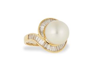 2118
A South Sea Cultured Pearl And Diamond Ring
18k yellow gold
Set with a single South Sea cultured pearl measuring 13 mm, surrounded by thirty-nine tapered baguette-cut diamonds, totaling approximately 1.6cts and graded G-H color and VS clarity
Ring size: 6
12 grams
Estimate: $1,000 - $1,500