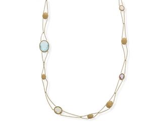2120
An Italian Gemstone And Gold Necklace
18k yellow gold, stamped: Italy
Designed with collet set oval fancy-cut gemstones consisting of blue, pink topaz, and citrine interspersed with matte finished gold terminals
30" L <br /> 30"
15.4 grams
Estimate: $500 - $700