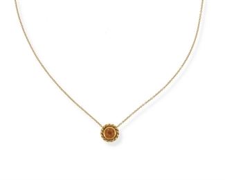 2122
A Tiffany & Co. Citrine Pendant Necklace
18k yellow gold, pendant stamped: T & Co. / 750; Chain stamped: Tiffany & Co. / 750
Suspending a detachable pendant centering a round citrine within a rope work frame, and neck chain, with a signed slip pouch
16" L x .4" H
3.4 grams
2 pieces
Estimate: $500 - $700