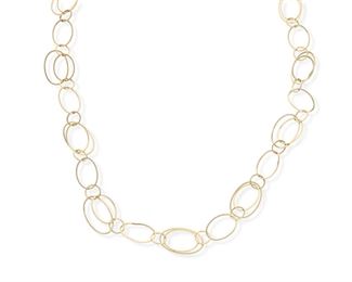 2123
A Gold Link Necklace
14k yellow gold, stamped: Italy
Designed with light fancy oval and circular links
32" L x .5" W
10.6 grams
Estimate: $400 - $600