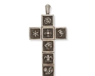 2126
A Chrome Hearts Silver Cross Pendant
Sterling silver, stamped: Chrome Heart America / 2004 / 925
Designed with multiple high relief symbols
2.75" L x 1.5" W
40 grams
Estimate: $700 - $900