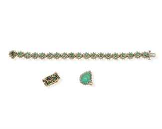 2137
A Group Of Emerald Jewelry
14k yellow gold
Comprising an emerald and diamond ring centering a pear-shaped emerald, gauged at approximately 6.5cts, surrounded by twenty-five full-cut round diamond, totaling approximately 1ct and graded J-K color and SI clarity (ring size: 6); an emerald and diamond bracelet set with nineteen round emeralds, totaling approximately 3.5cts, and one hundred seventy-one full-cut round diamonds, totaling approximately 3.5cts and graded H-I color and I clarity (7"); and a band set with small round emeralds and sapphires (ring size: 5.75)
38.7 grams
3 pieces
Estimate: $1,500 - $2,000