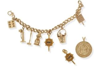 2139
A Group Of Jewelry
Designed with a 14k yellow gold charm bracelet and six 14k yellow gold charms comprising a dice, a telephone, a gavel, a drummer, a champagne bucket, and a fraternity key; a 14k yellow gold Los Angeles superior court pendant; and two metal fraternity keys
6" L
Bracelet: 30 grams
4 pieces
Estimate: $1,500 - $2,000