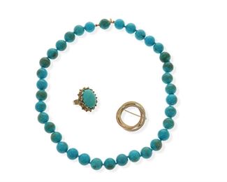 2142
A Group Of Jewelry
Comprising a necklace of turquoise beads measuring 11 mm (17" L), a ring topped with a cabochon turquoise measuring 19 mm x 13 mm (ring size: 7, 8.8 grams), and a tri-colored gold circle brooch (1" W, 5.4 grams)
3 pieces
Estimate: $500 - $700