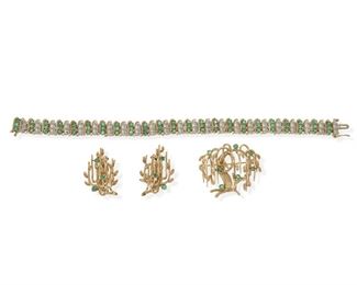 2146
A Group Of Emerald And Diamond Jewelry
14k yellow gold
Comprising a Forum "tree of life" brooch set with seven round emeralds, stamped: FORUM JLRY /14k (1" L x 1.5" W); with a pair of matching clip-back earrings (1" L); and a bracelet with alternating small round emeralds and diamonds (7.5" L)
33 grams gross
4 pieces
Estimate: $1,000 - $1,500