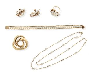 2152
A Group Of Cultured Pearl Jewelry
14k yellow gold
Comprising a cultured pearl necklace (28" L), a fresh-water pearl ring (ring size: 8), a circle brooch (1.5" W), a pair of screw-back cultured pearl foliate earrings (1" L), and a cultured pearl bracelet (7" L)
42 grams gross
6 pieces
Estimate: $800 - $1,200
