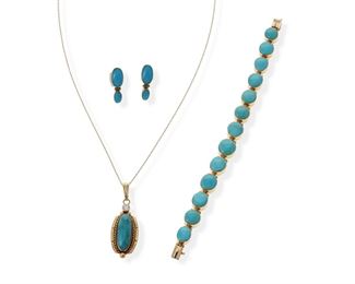 2158
A Group Of Turquoise Jewelry
14k yellow gold
Comprising a pendant topped with a long cabochon turquoise and topped with a full-cut round diamonds gauged at approximately .15ct and graded H-I color and VS clarity, with detachable neck chain (18" L x 1.75" H); a graduated bracelet of bezel-set turquoise (6.5" L); and a pair of post back earrings (.75" L)


30.8 grams gross
7 pieces
Estimate: $800 - $1,200