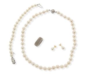 2161
A Group Of Jewelry
Comprising a Tiffany & Co. silver mesh ring, stamped: T & Co. / 925 (ring size: 7.75); a single strand Mikimoto bracelet with cultured pearls measuring 8 mm with 18k white gold clasp stamped: M [for Mikimoto] / 750 (7.5" L ); a pair of 18k yellow gold and cultured pearl studs measuring 8 mm, stamped: M [for Mikimoto] / 750; and a single strand necklace with cultured pearls measuring 9 mm with a 14k white gold clasp (18" L), with two signed Mikimoto blue suede boxes and a Tiffany & Co. pouch
5 pieces
Estimate: $800 - $1,200