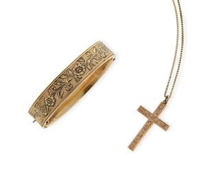 2163
A Group Of Jewelry
14k yellow gold
Comprising a cross pendant with neck chain (18" L x 1.75" H) and a bangle (6.5" C x .5" W)
24 gram gross
3 pieces
Estimate: $500 - $700