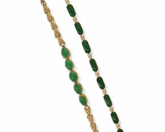 2164
Two Green Stone And Gold Bracelets
14k yellow gold
Comprising a bracelet set with nine oval jadeite tablets (6.5" L) and a bracelet topped with five cabochon aventurine quartz (6.25" L)
19.4 grams
2 pieces
Estimate: $500 - $700