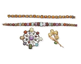 2166
A Group Of Jewelry
Comprising a 14k yellow gold, citrine, and tourmaline flower brooch (2.25" L); two vermeil and mutli-colored gemstone and simulated gemstone bracelets (7" & 6.75" L); and vermeil and multicolored gemstone quatrefoil brooch (2.25" L x 2.25" W)
68 grams
4 pieces
Estimate: $500 - $700