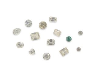 2170
A Group Of Unmounted Natural And Simulated Diamonds
Comprising two unmounted round diamonds weighing .25ct and .31ct and twelve simulated diamonds of various shapes and sizes
14 pieces
Estimate: $500 - $700
